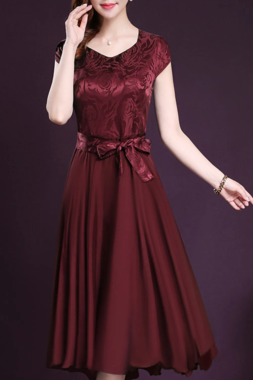 Ketty More Women Silk Printed Top Bow Waist From Dress-KMWD473
