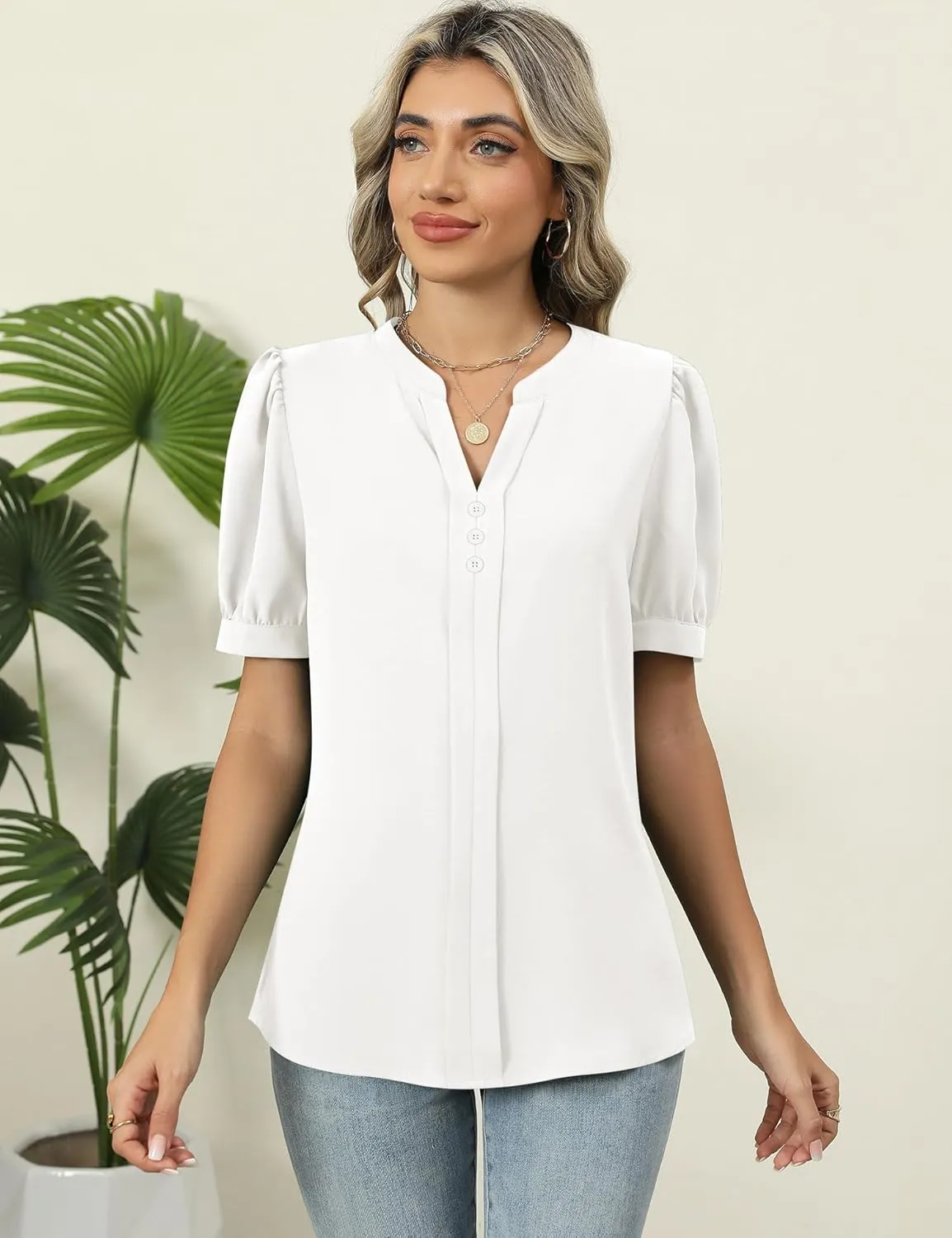 Kistore Womens Tops Dressy Casual Summer Chiffon Blouses V Neck Puff Sleeve Shirts Work Tops