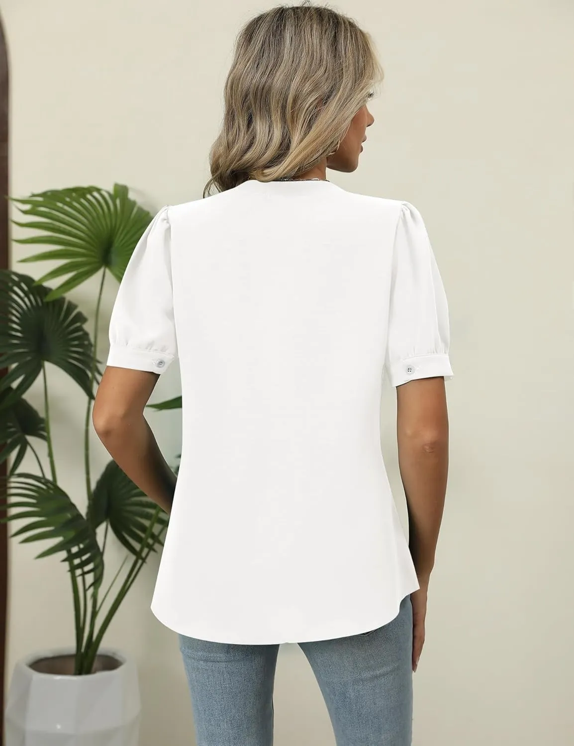 Kistore Womens Tops Dressy Casual Summer Chiffon Blouses V Neck Puff Sleeve Shirts Work Tops