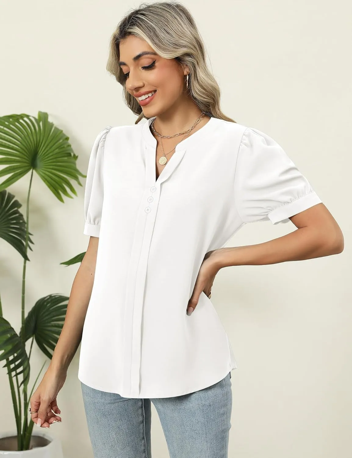 Kistore Womens Tops Dressy Casual Summer Chiffon Blouses V Neck Puff Sleeve Shirts Work Tops