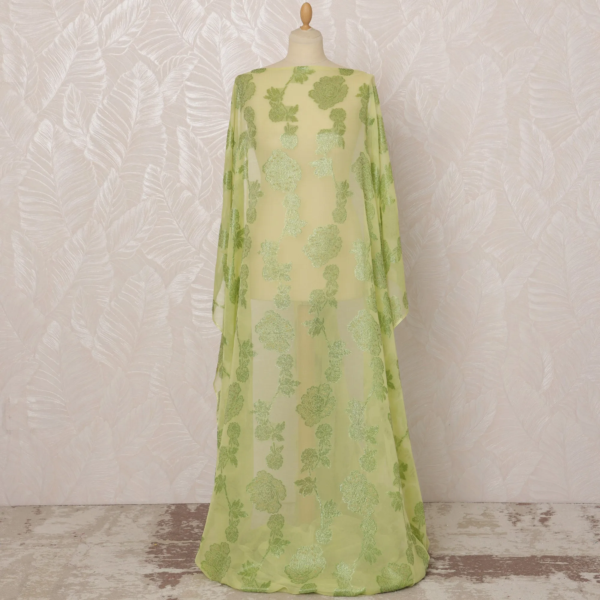 Lime Green Somali Silk (Fransawi) Chiffon Dirac Fabric with Metallic Lurex, 3.5 Meters, 140 cm Width-D20903