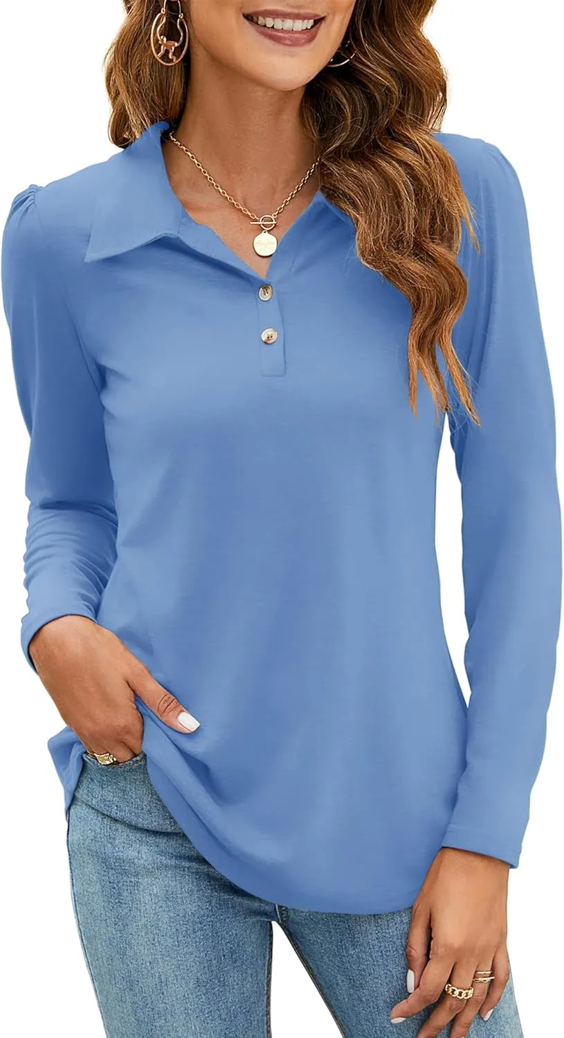 LOMON Womens Polo Shirts Button Down Collared Long Sleeve Tops V Neck Loose Blouses