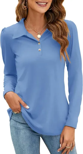 LOMON Womens Polo Shirts Button Down Collared Long Sleeve Tops V Neck Loose Blouses