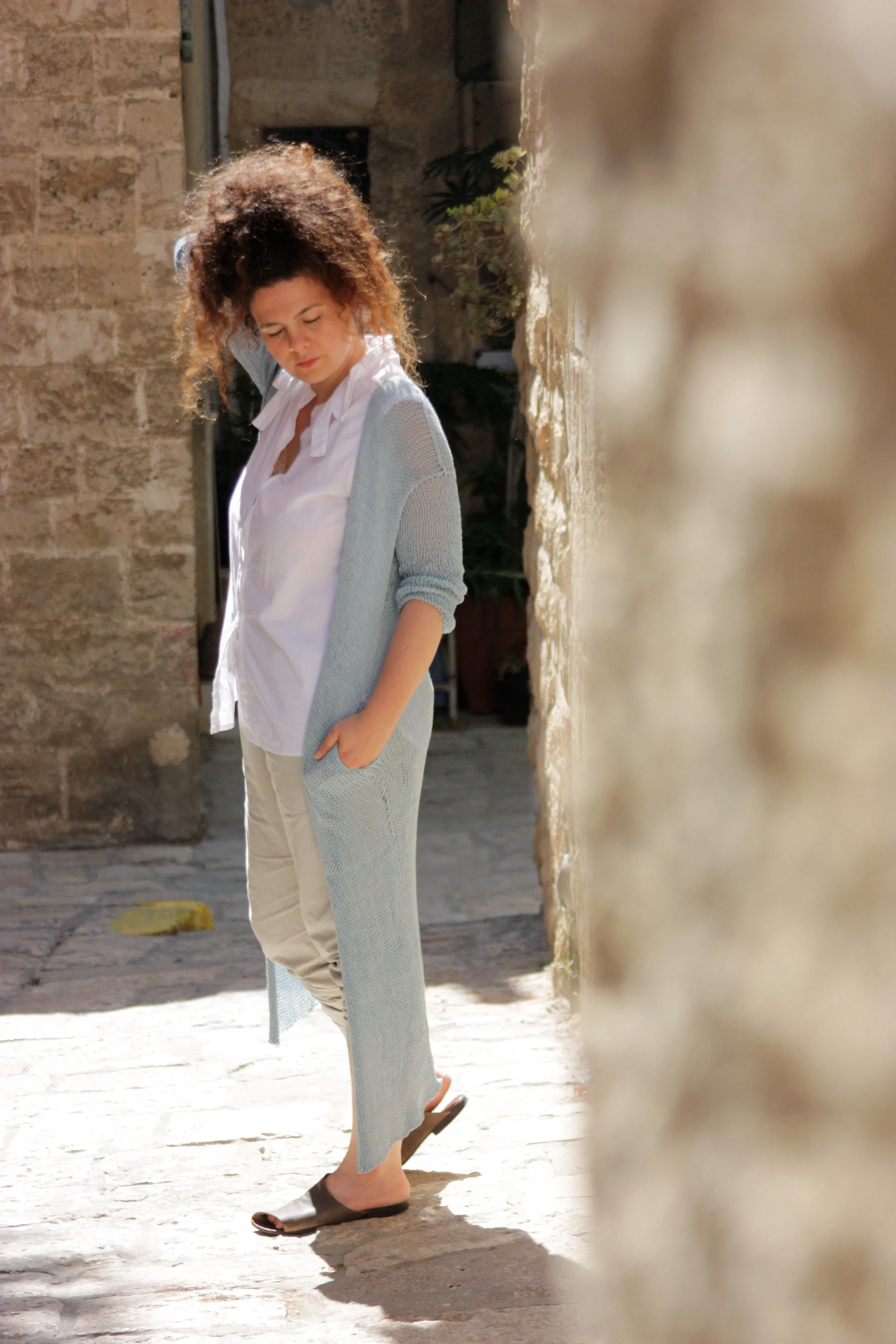 Long Bamboo Cardigan with Pockets- Light Blue