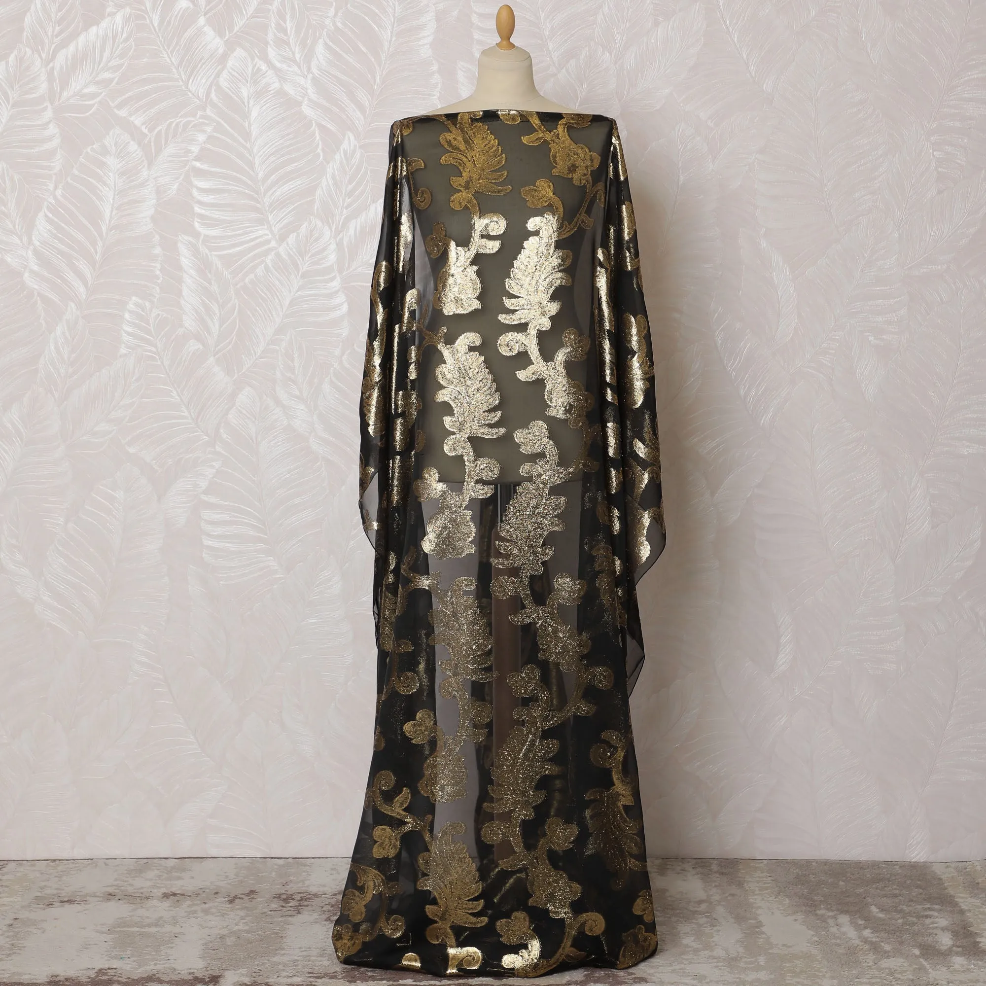 Luxurious Black and Gold Floral Pattern Pure French Silk (Fransawi Dirac) Chiffon Fabric – 140 cm Wide X 3.5 Mtrs-D19816
