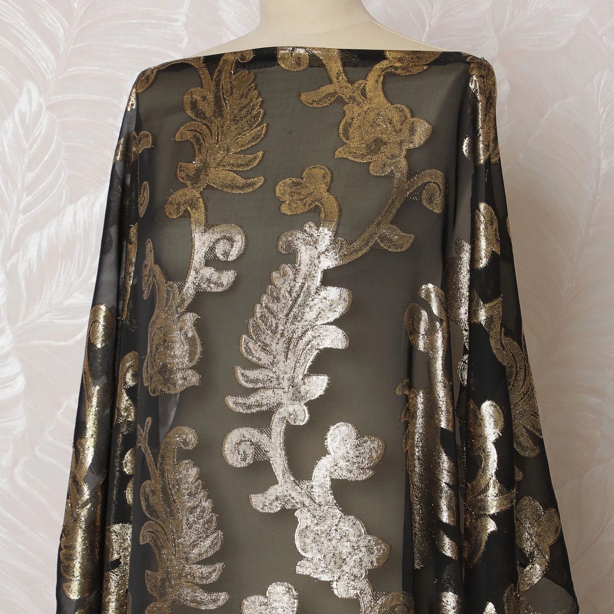 Luxurious Black and Gold Floral Pattern Pure French Silk (Fransawi Dirac) Chiffon Fabric – 140 cm Wide X 3.5 Mtrs-D19816