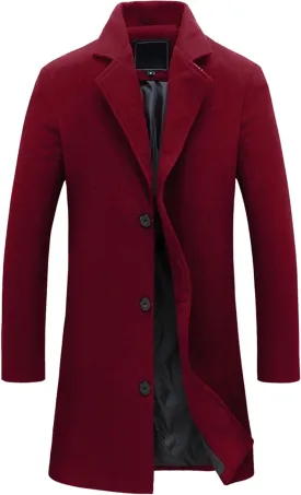 Maiyifu-GJ Mens Slim Fit Long Trench Coat Wool Blend Overcoat Warm Winter Single Breasted Coat Mid-Length Outerwear