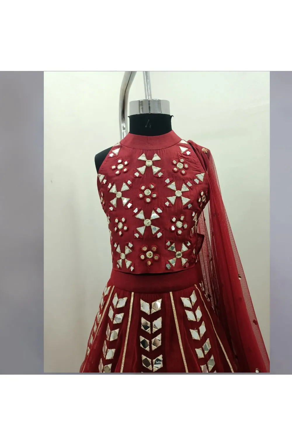 Maroon Mirror Embroidered Halter Neck Top With Lehenga Set