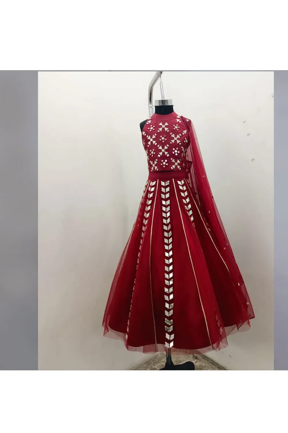 Maroon Mirror Embroidered Halter Neck Top With Lehenga Set