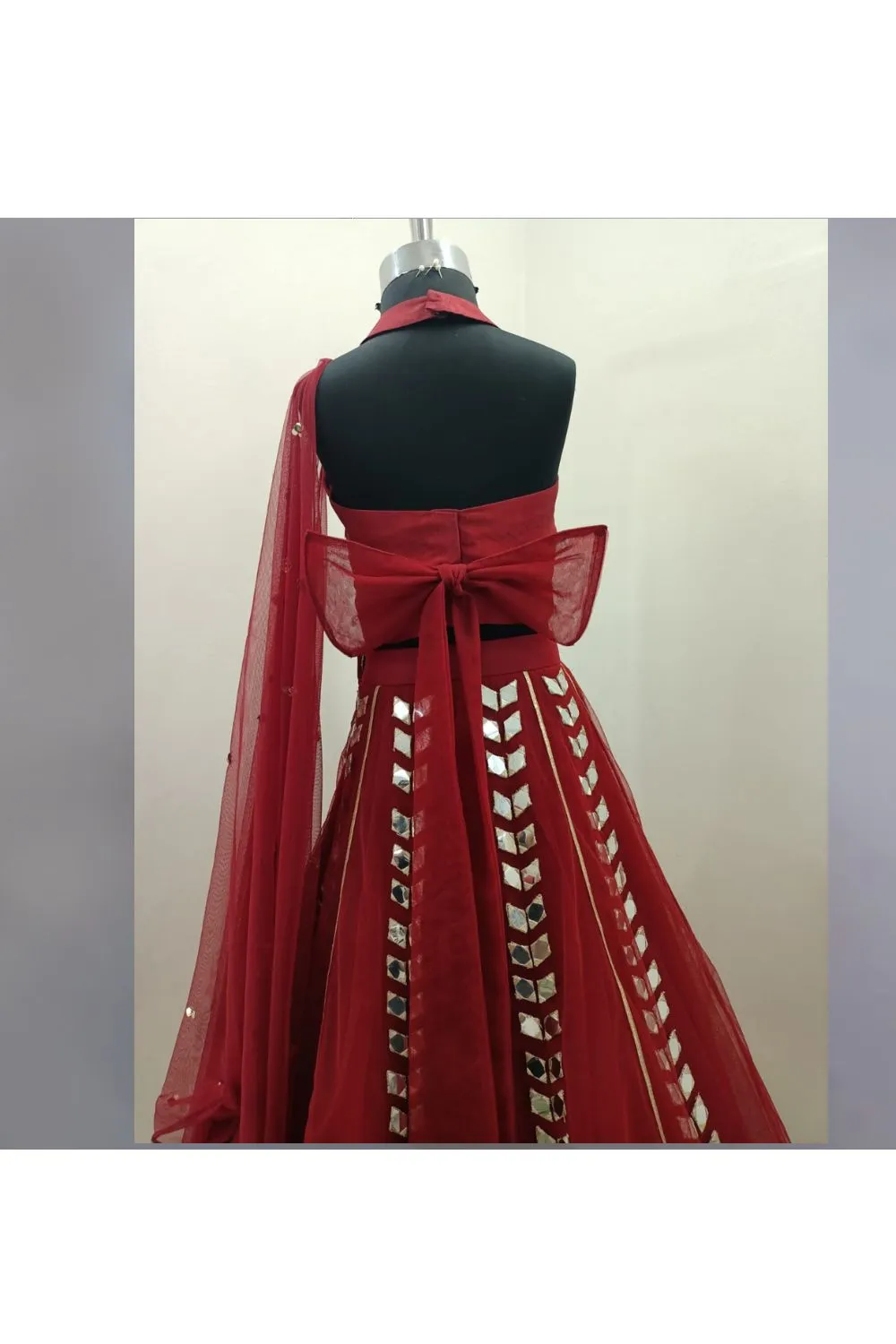 Maroon Mirror Embroidered Halter Neck Top With Lehenga Set