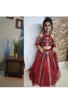Maroon Mirror Embroidered Halter Neck Top With Lehenga Set