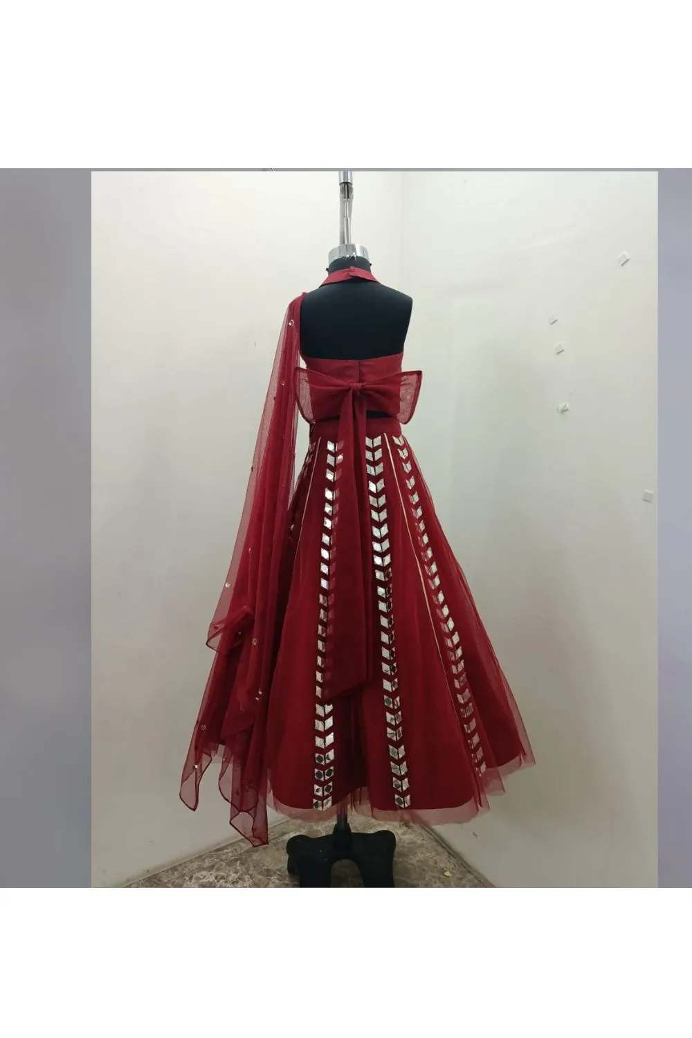 Maroon Mirror Embroidered Halter Neck Top With Lehenga Set