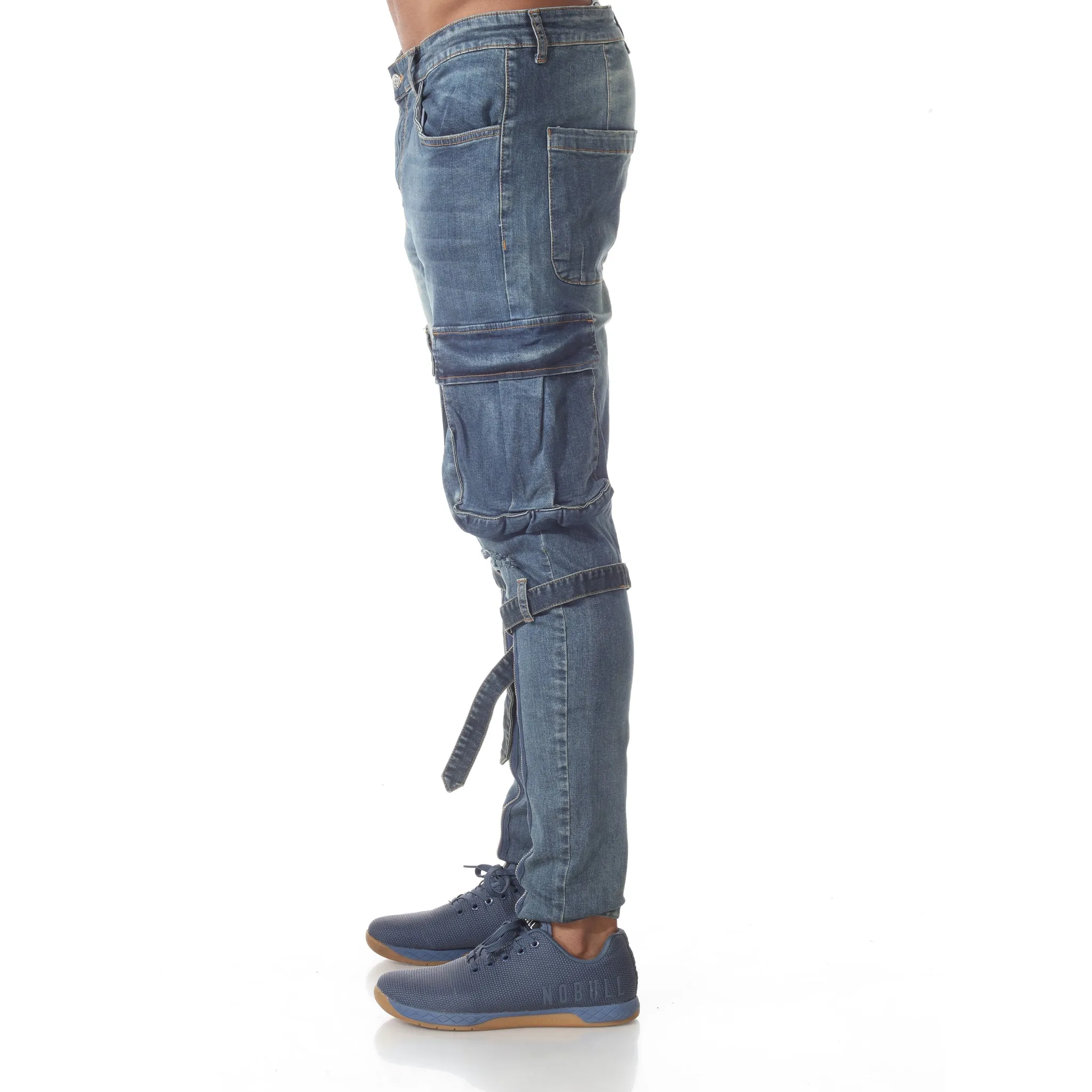 Medium Blue Wash Fashion Jeans With Zip and Cargo Pockets