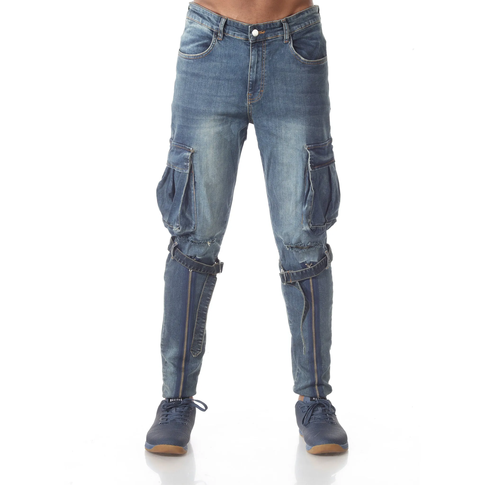 Medium Blue Wash Fashion Jeans With Zip and Cargo Pockets