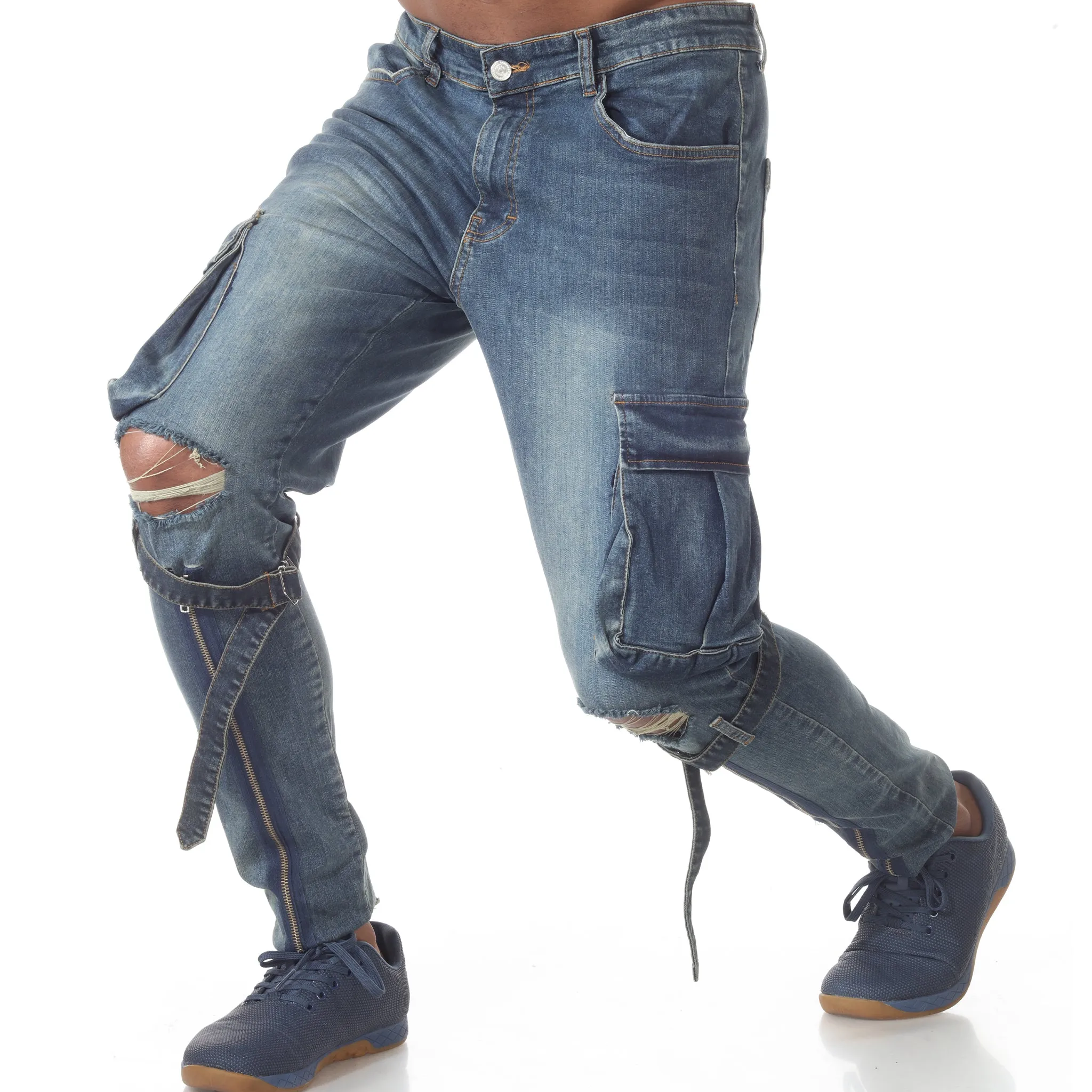Medium Blue Wash Fashion Jeans With Zip and Cargo Pockets