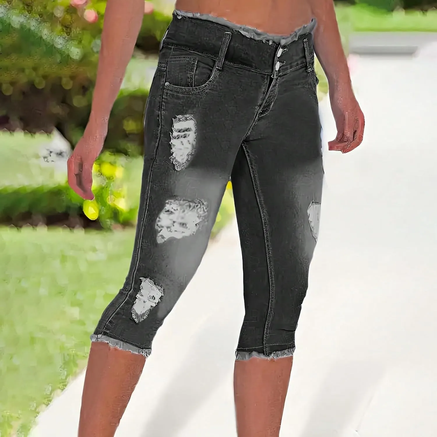 midelxp Capri Jeans for Women Stretch Low Rise Ripped Jeans with Pockets Sexy Skinny Distressed Denim Capris Y2k Crop Pants