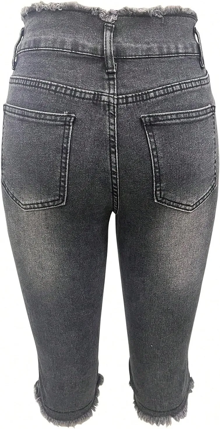 midelxp Capri Jeans for Women Stretch Low Rise Ripped Jeans with Pockets Sexy Skinny Distressed Denim Capris Y2k Crop Pants