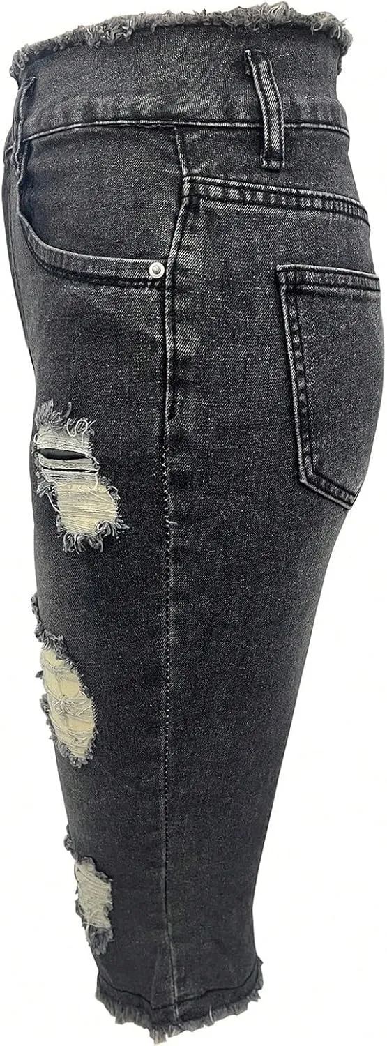 midelxp Capri Jeans for Women Stretch Low Rise Ripped Jeans with Pockets Sexy Skinny Distressed Denim Capris Y2k Crop Pants
