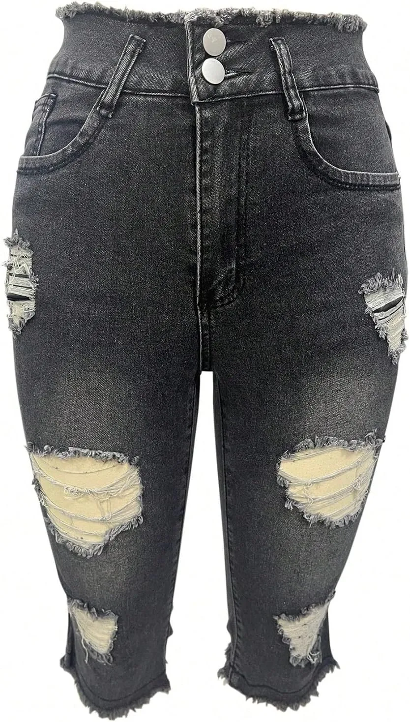 midelxp Capri Jeans for Women Stretch Low Rise Ripped Jeans with Pockets Sexy Skinny Distressed Denim Capris Y2k Crop Pants