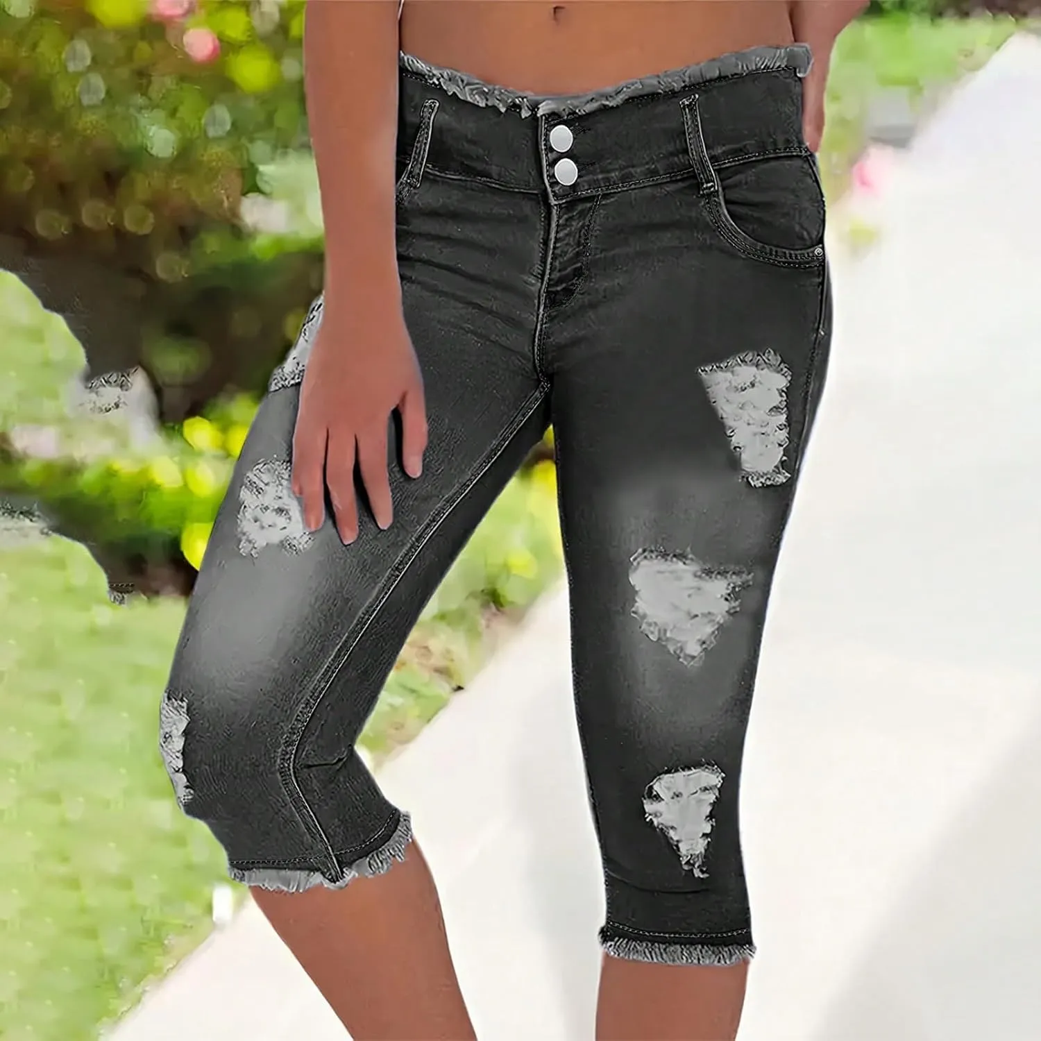 midelxp Capri Jeans for Women Stretch Low Rise Ripped Jeans with Pockets Sexy Skinny Distressed Denim Capris Y2k Crop Pants