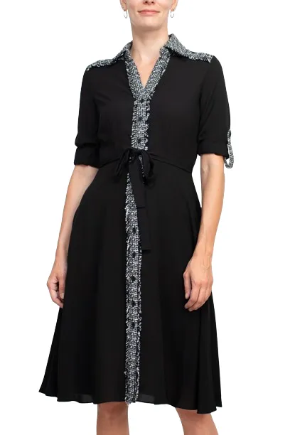 Nanette Lepore Collared Crochet Detail Button Down Folded Sleeve Tie Waist Chiffon Dress