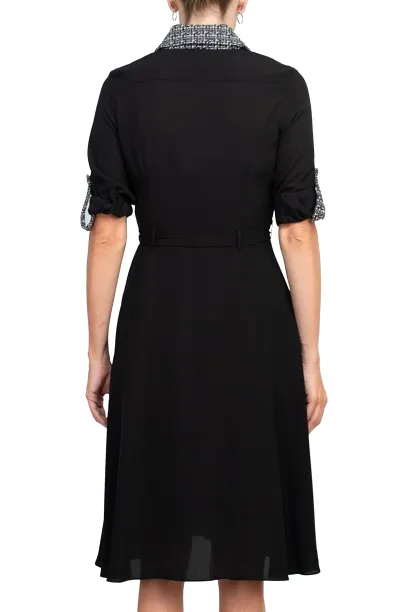 Nanette Lepore Collared Crochet Detail Button Down Folded Sleeve Tie Waist Chiffon Dress