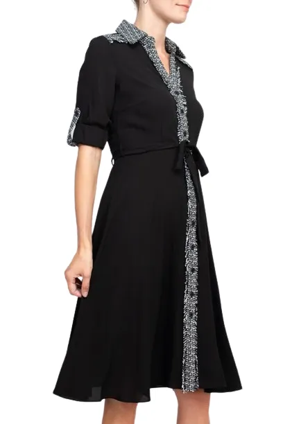 Nanette Lepore Collared Crochet Detail Button Down Folded Sleeve Tie Waist Chiffon Dress