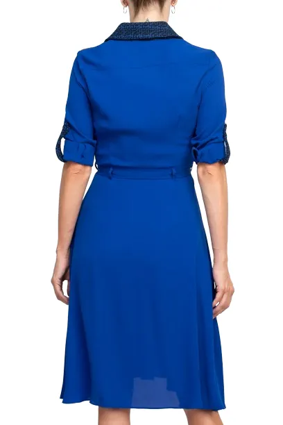 Nanette Lepore Collared Crochet Detail Button Down Folded Sleeve Tie Waist Chiffon Dress