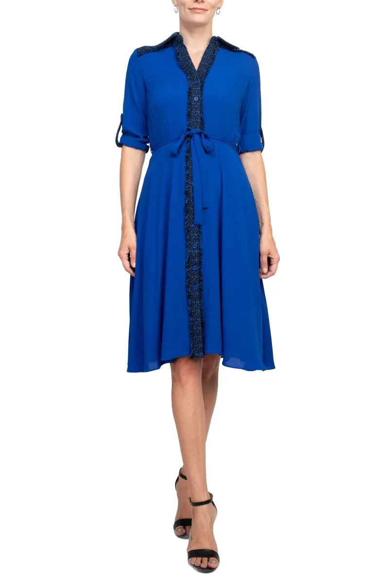 Nanette Lepore Collared Crochet Detail Button Down Folded Sleeve Tie Waist Chiffon Dress
