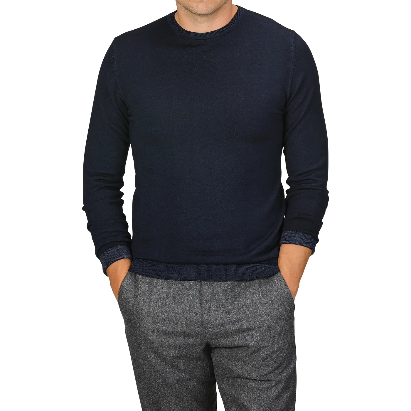 Navy Blue Melange Merino Wool Crewneck