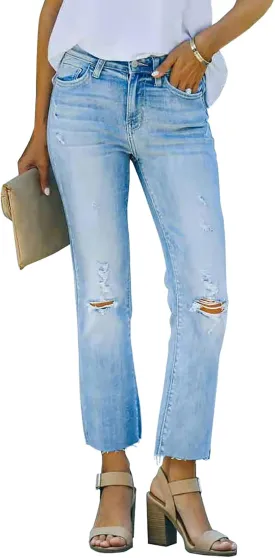 Necooer Women Casual Straight Jeans Distressed Washed Jeans Vintage Ripped Denim Pants Loose Fit (X-Large,B-Light Blue)
