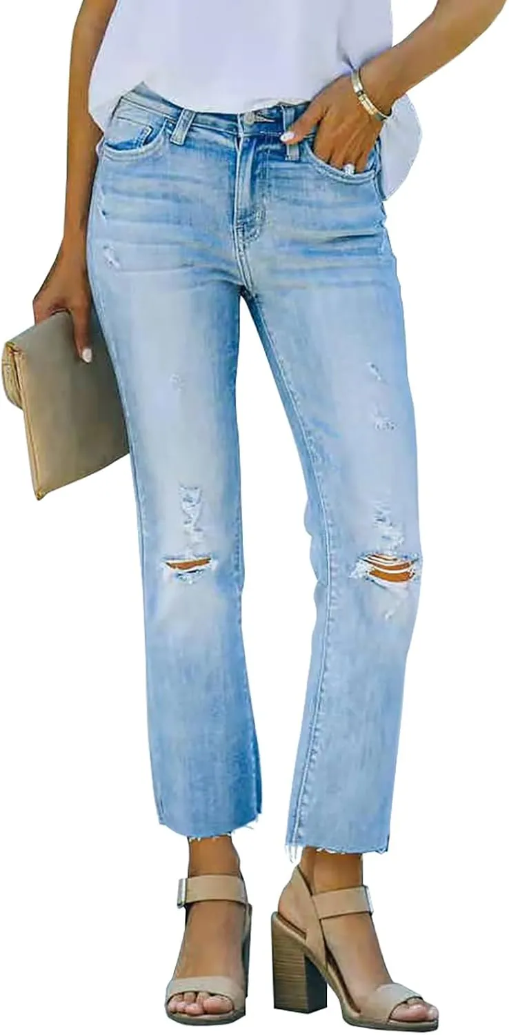 Necooer Women Casual Straight Jeans Distressed Washed Jeans Vintage Ripped Denim Pants Loose Fit (X-Large,B-Light Blue)