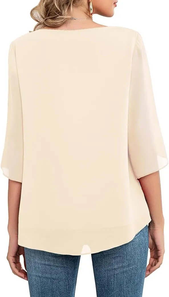 Neineiwu Womens Casual Scoop Neck Loose Top 3/4 Sleeve Chiffon Blouse Shirt Tops