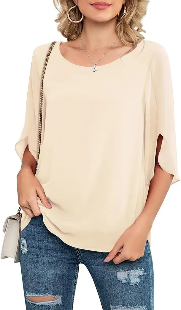 Neineiwu Womens Casual Scoop Neck Loose Top 3/4 Sleeve Chiffon Blouse Shirt Tops