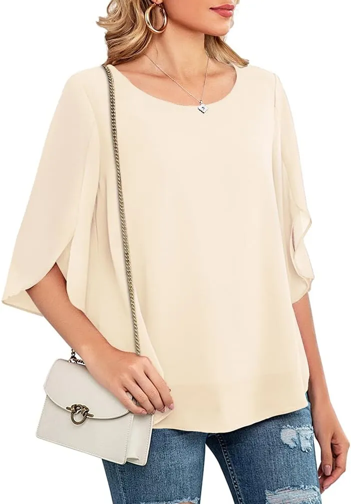 Neineiwu Womens Casual Scoop Neck Loose Top 3/4 Sleeve Chiffon Blouse Shirt Tops