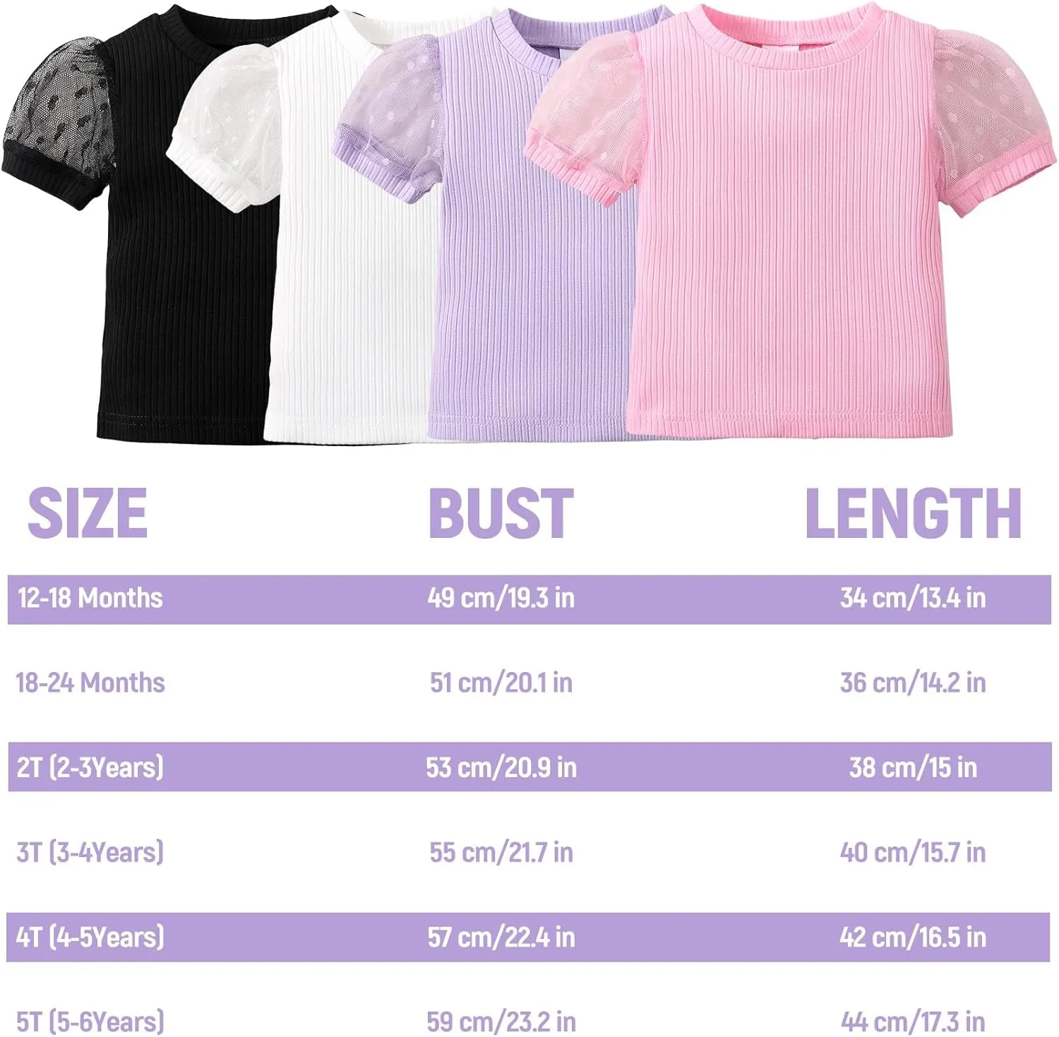 OPAWO Toddler Girl Shirts, Puff Dot Sleeve Baby Tee Shirt, Ribbed Short Sleeve T-Shirt, Solid Color Girls Tshirt Tops, 12M-7Y