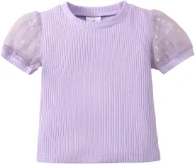 OPAWO Toddler Girl Shirts, Puff Dot Sleeve Baby Tee Shirt, Ribbed Short Sleeve T-Shirt, Solid Color Girls Tshirt Tops, 12M-7Y