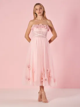 Pandora |Light Pink Princess Strapless Prom Dress with Flowers