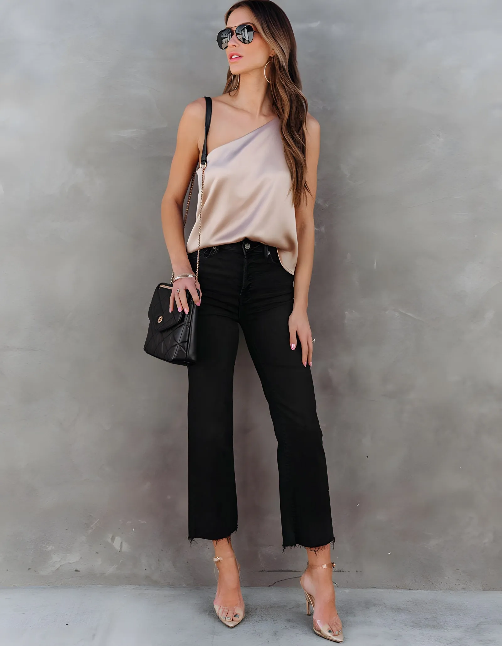 Plain Short Sleeve Satin One Shoulder Shirt