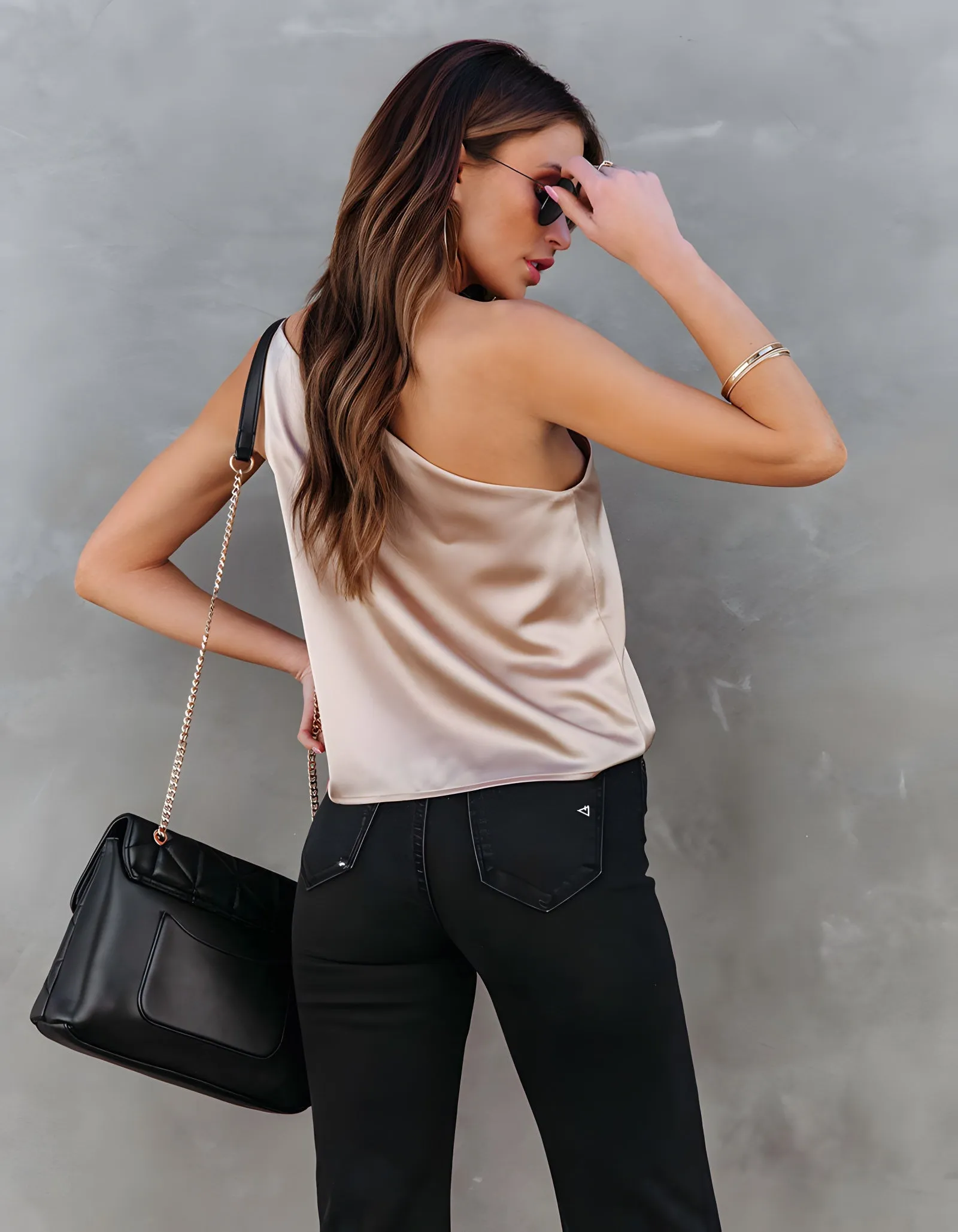 Plain Short Sleeve Satin One Shoulder Shirt
