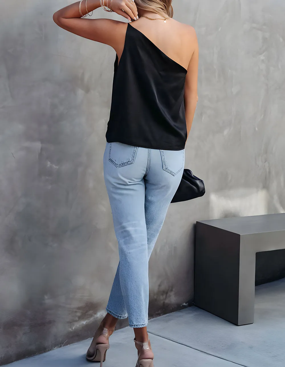 Plain Short Sleeve Satin One Shoulder Shirt