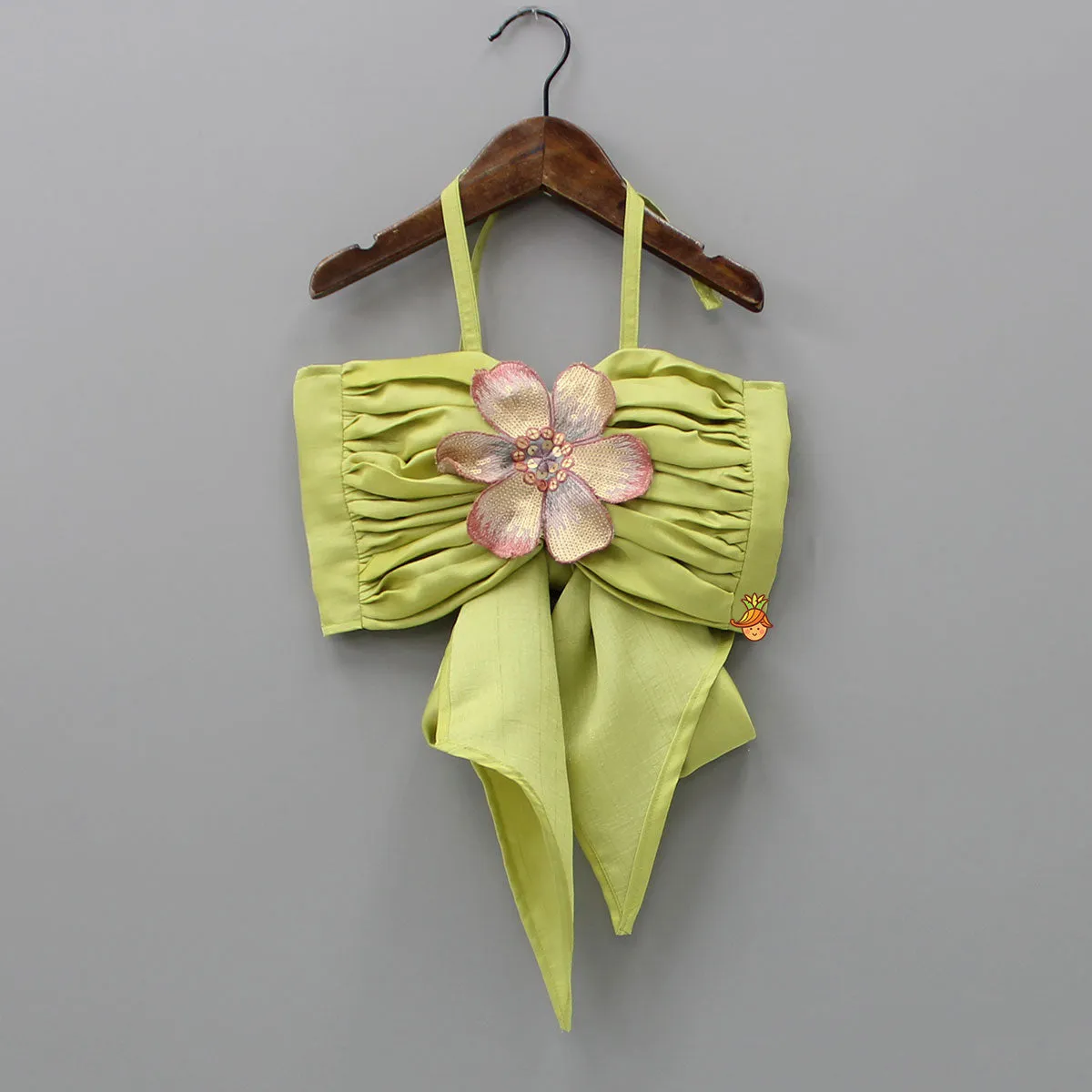 Pre Order: Back Knot Detail Stylish Green Floral Top And Heavy Sequins Embroidered Lehenga With Bow Hair Clip