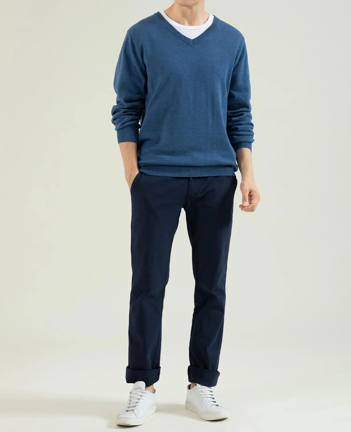 QUALFORT Mens 100% Cotton V-Neck Sweater, Soft Lightweight Pullover Knitwear for Casual Wear