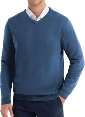 QUALFORT Mens 100% Cotton V-Neck Sweater, Soft Lightweight Pullover Knitwear for Casual Wear