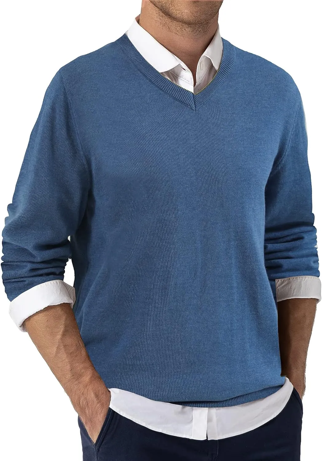QUALFORT Mens 100% Cotton V-Neck Sweater, Soft Lightweight Pullover Knitwear for Casual Wear
