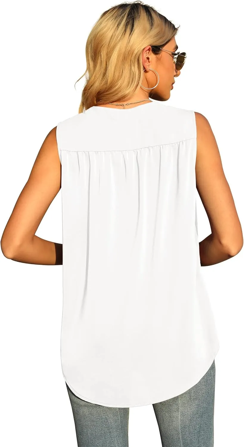 QUEZHU Women's Summer Sleeveless Chiffon Tank Tops Blouse Loose Casual V Neck Blouses Shirt
