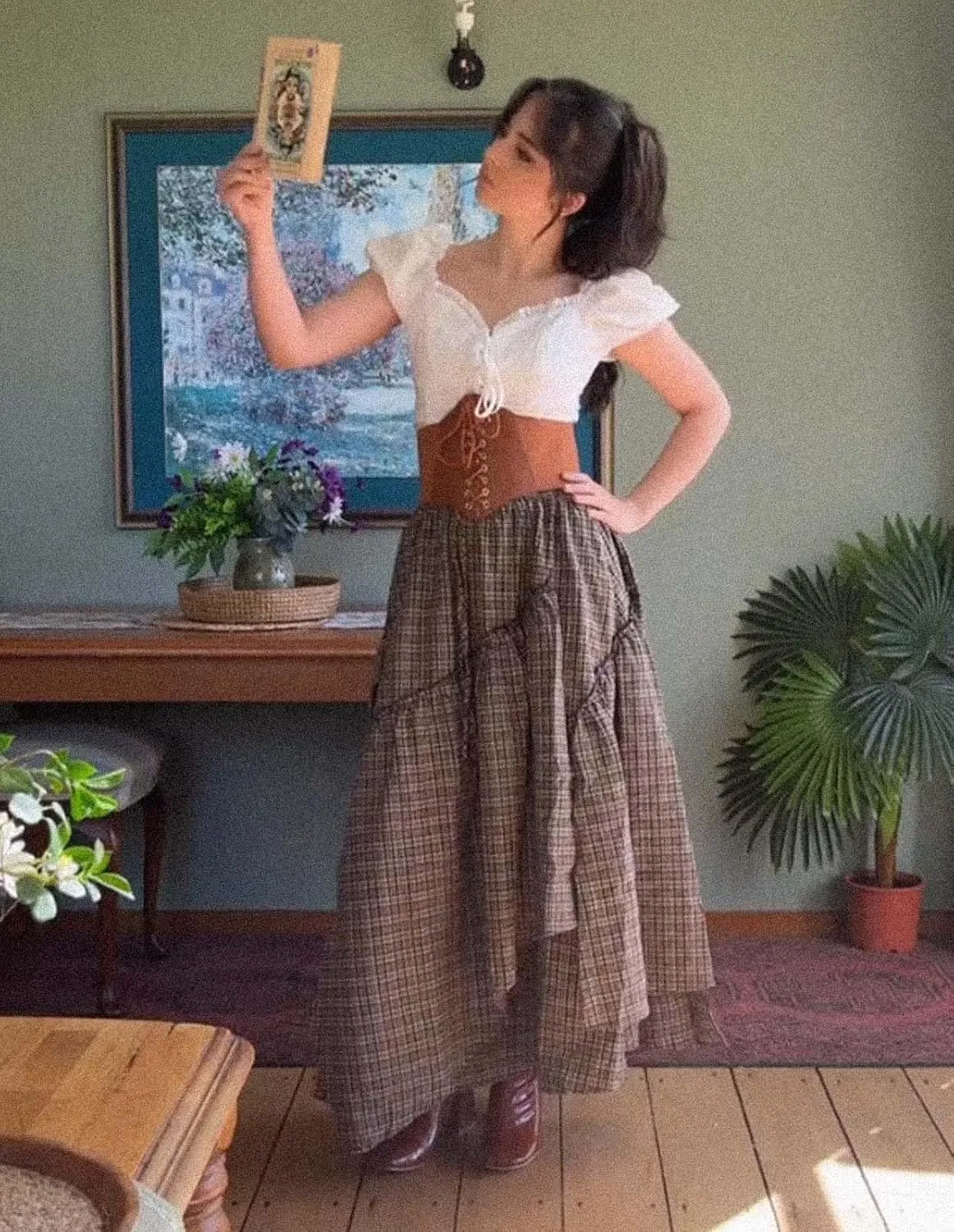 Scarlet Darkness Women Plaid Skirt High Waist A Line Tiered Long Skirt with Pockets