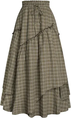 Scarlet Darkness Women Plaid Skirt High Waist A Line Tiered Long Skirt with Pockets