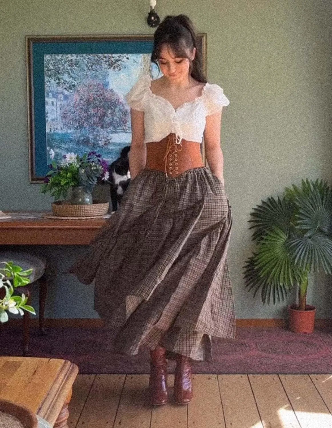Scarlet Darkness Women Plaid Skirt High Waist A Line Tiered Long Skirt with Pockets