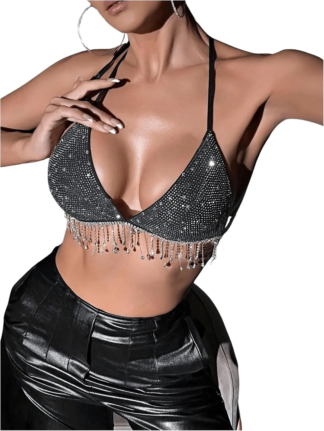 SHENHE Women's Sexy Sequin Halter Backless Rhinestone Fringe Glitter Party Club Crop Top